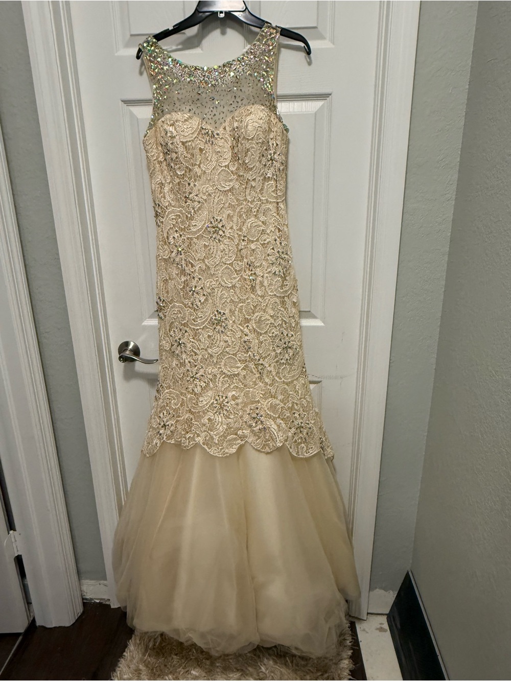 Camille La Vie Champagne Lace Mermaid Gown with Beaded Illusion Bodice